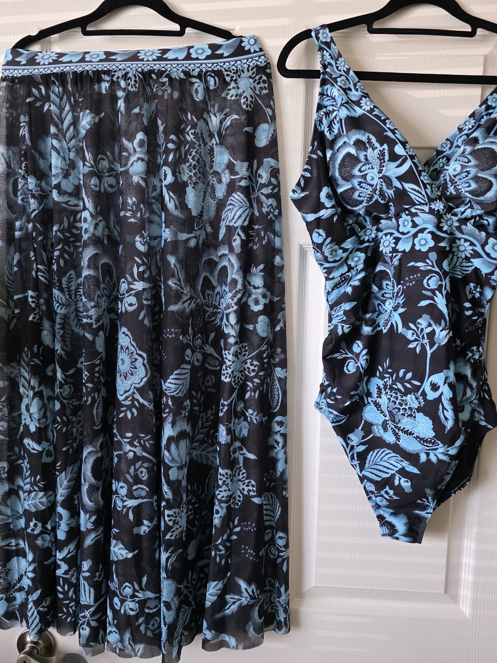 Women's Black & Light Blue Floral One-Piece Swimsuit With Full Coverup Skirt